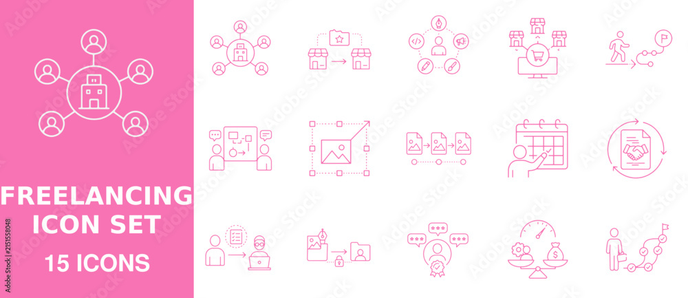 Obraz premium Set of fifteen pink thin line freelancing featuring network, folder, store, calendar, handshake, and goal achievement path symbols