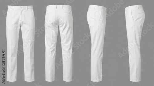 Men's White Straight Leg Trousers Four Views Front Back Right Side Left Side Cotton Gray Background

