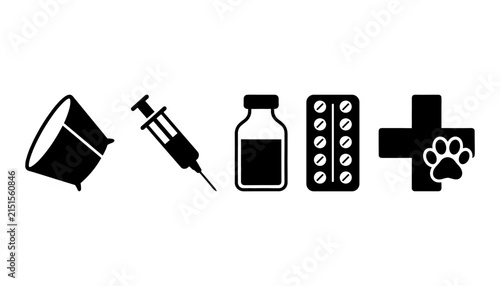 Veterinary Medicine and Animal Healthcare Silhouette Icon Set Featuring Protective Collar Syringe Injection Vaccine Vial Medication Blister Pack and Pet Cross Symbols