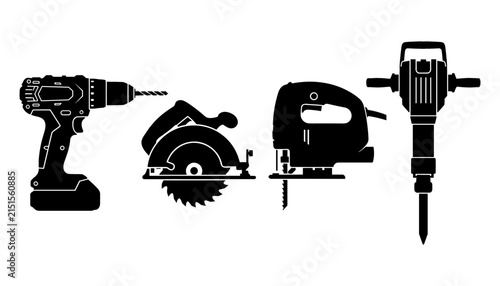 Heavy Duty Construction Power Tools Silhouette Icon Set Featuring Electric Cordless Drill Circular Saw Jigsaw and Jackhammer Demolition Breaker Symbols
