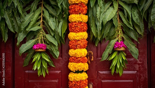 Vibrant marigold and orange flower door toran garland for Diwali festival celebration decor