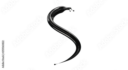 Black, glossy fluid in an S-shape against a bright white background, creating an elegant splash