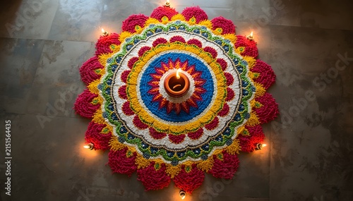 Vibrant Diwali rangoli design with marigolds, diya, and colorful powder patterns for festive celebrations