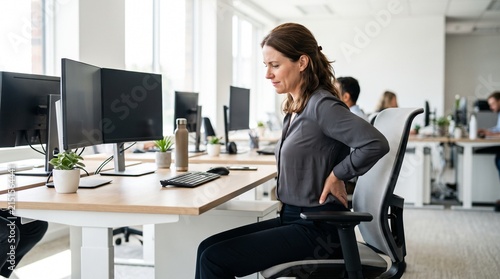Office Woman Experiencing Back Pain and Muscle Strain While Sitting at Desk