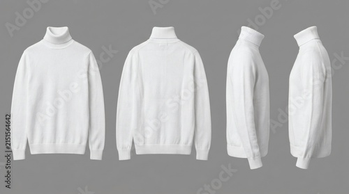 Men's White Long Sleeve Turtleneck Sweater Four Views Front Back Right Side Left Side Knitted Gray

