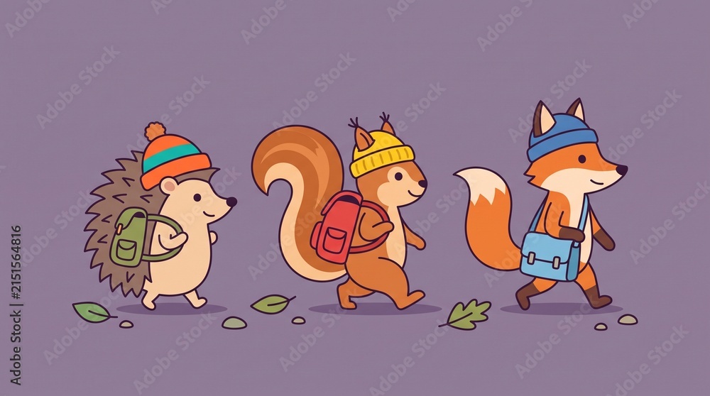 Obraz premium Cartoon Animals Heading to School with Backpacks and Hats