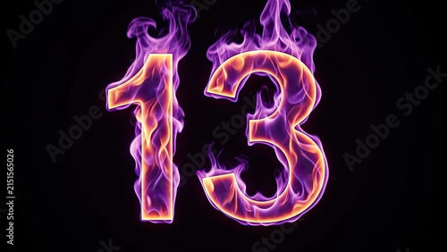 Glowing purple and orange flames engulf the numbers 1 and 3 against a black background