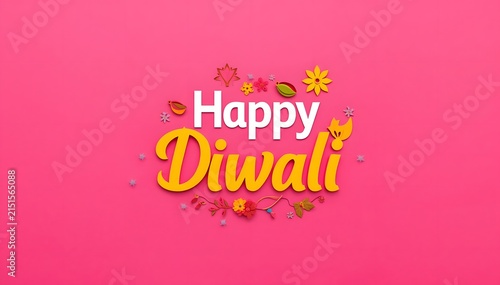 Vibrant Happy Diwali festival greeting with glowing marigold and diya clipart design on pink background