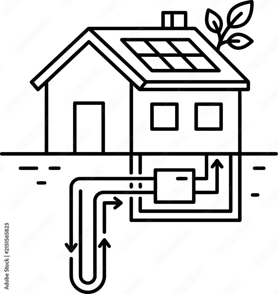 Fototapeta premium Geothermal energy system for residential house heating and cooling illustration.