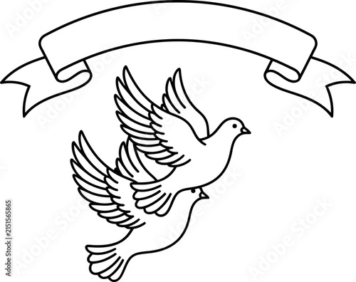 Outline drawing of two flying doves with a blank ribbon banner.