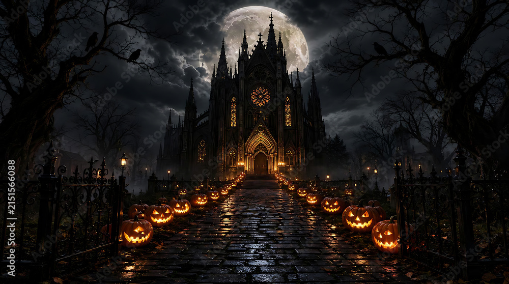 Obraz premium Spooky Gothic Cathedral with Full Moon and Pumpkins Pathway Background