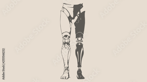 Robotic prosthetic legs illustration featuring complex mechanical joints and structural design elements presented in a clean minimalist vector graphic art style