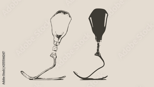 Prosthetic leg designs featuring black and white vector line art style isolated on a soft neutral beige background for medical