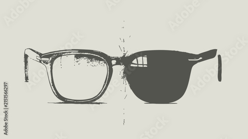 Minimalist vector illustration featuring stylish retro eyeglasses divided by a sharp contrast between clear transparency and deep solid dark shadow