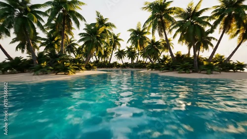 Tropical palm island floating in turquoise water on white background