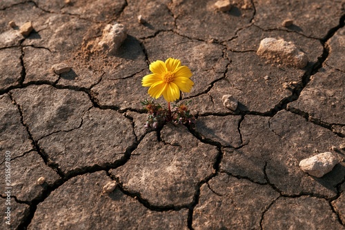 A small yellow flower blooms through cracked , symbolizing resilience in a drought-stricken landscape.