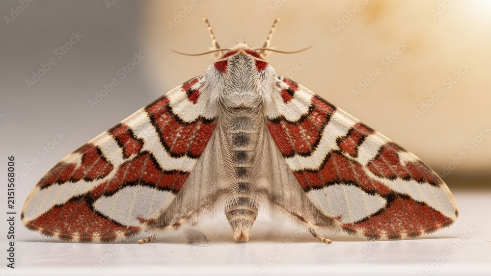 Obraz premium Close-up macro of a moth with intricate red and white wing patterns, viewed from front