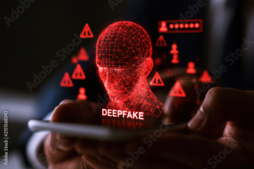 Data protection concept showing hands typing, with deepfake and hacker warnings addressed by strong cyber security measures for online accounts.
