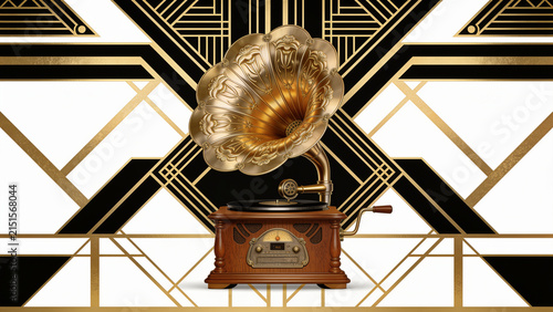 Art deco vector illustration of a vintage gramophone, symmetrical gold pattern