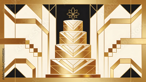 Art deco vector illustration of a wedding cake with gold geometric tiers