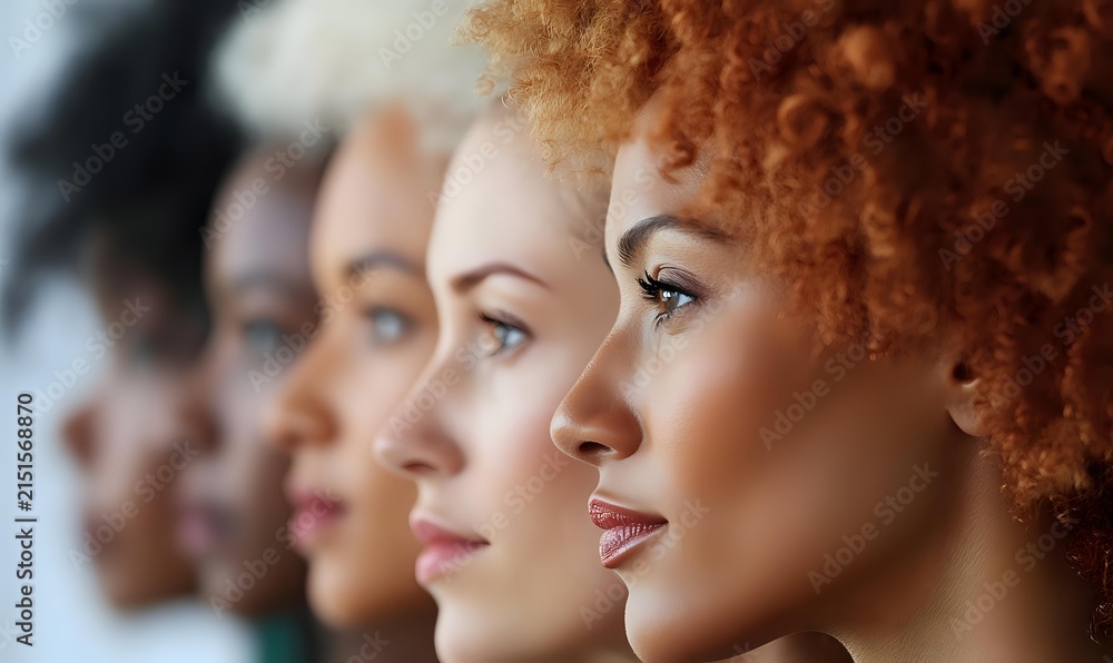 Obraz premium Diverse group of women with varying skin tones and hair textures standing in profile, representing beauty, inclusion, and unity. Suitable for campaigns on diversity, wellness, and community.