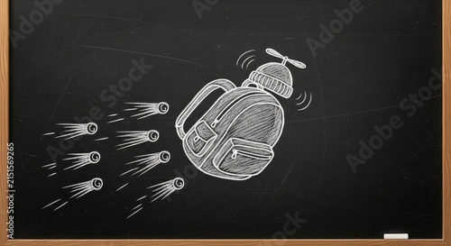 Chalkboard art of a backpack with a propeller and projectiles, on a wooden frame