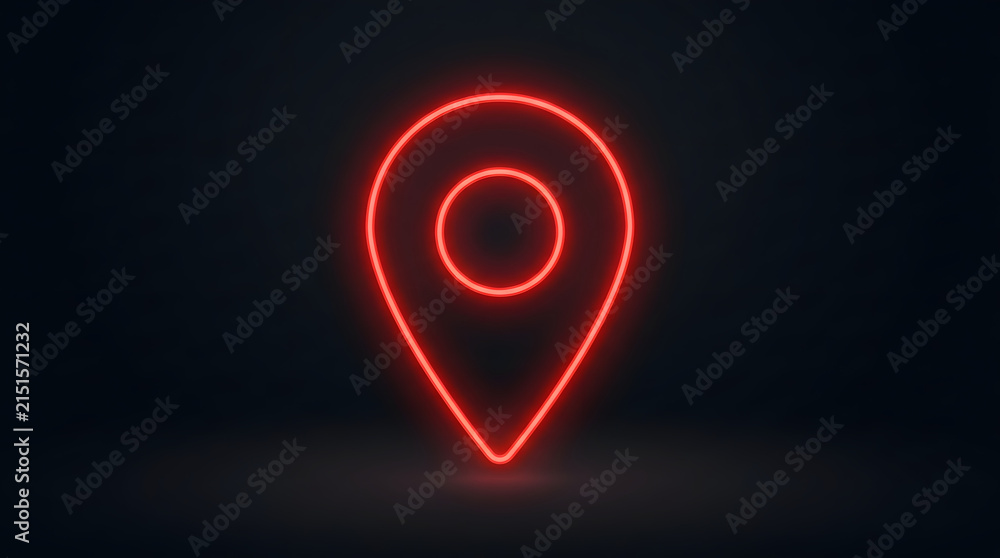 Naklejka premium Bright glowing red neon location pin icon with a circular center, set against a dark background, emitting a soft ambient light featuring circle, marker, navigation, gps, map, symbol and sign