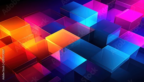 Glowing colorful neon translucent cubes in 3D grid