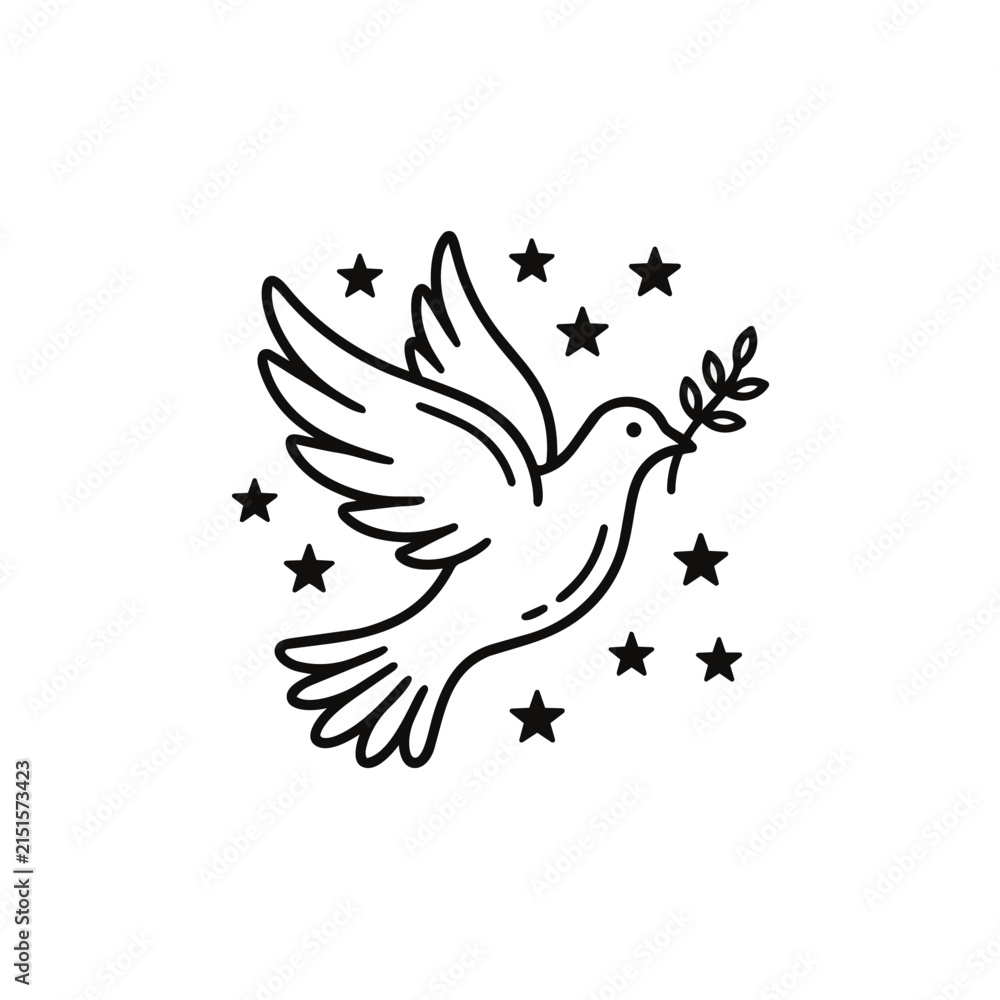 Fototapeta premium Dove carrying olive branch with stars illustration.