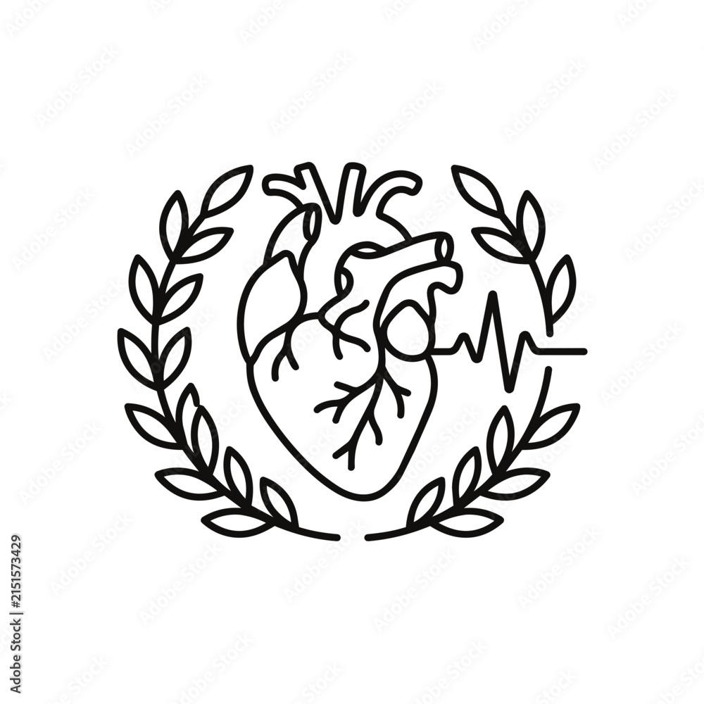 Obraz premium Anatomical Heart with ECG Line and Laurel Wreath Icon.