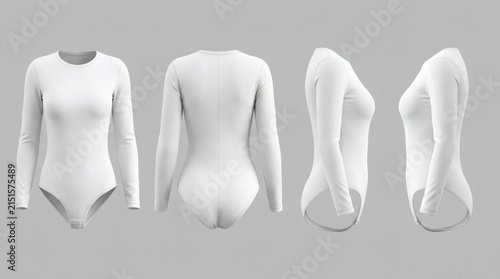 Women's White Long Sleeve Bodysuit Four Views Front Back Right Side Left Side Stretch Fabric Gray


