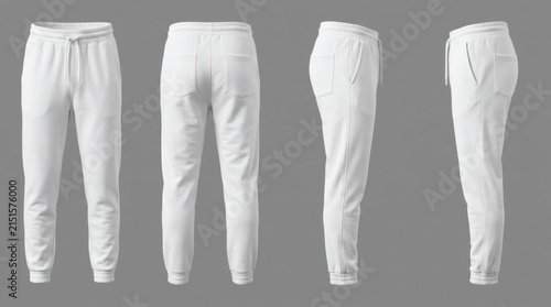 Men's White Jogger Pants Four Views Front Back Right Side Left Side Soft Fabric Elastic Waistband Gray

