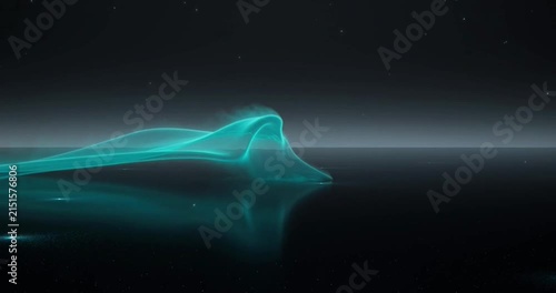 Ethereal blue light waves flow across a dark reflective surface in this smooth digital animation motion video clip captured with deep cinematic contrast and mystery.