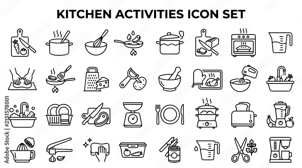 Fototapeta premium Set of Kitchen Cooking and Food Preparation Line Art Icons