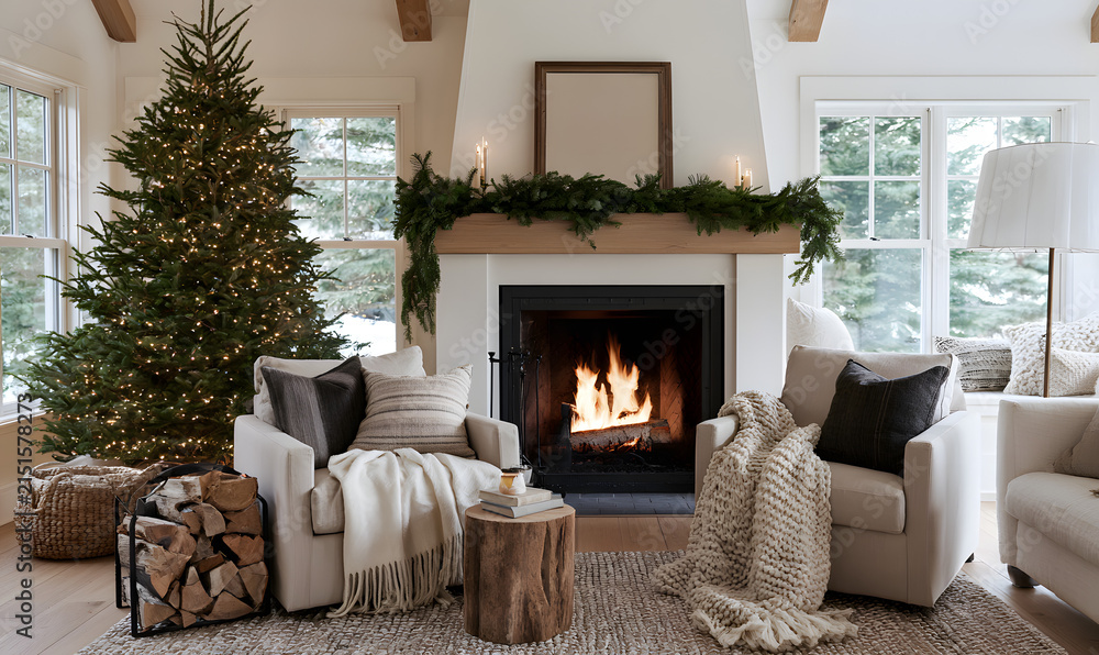 Obraz premium cozy winter living room with a fireplace, white walls, and neutral decorations, featuring comfortable armchairs with soft blankets, a wood stack, and a Christmas tree