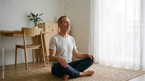 Mature man practicing mindfulness and deep breathing meditation while sitting peacefully on a rug in a sunlit minimalist home interior