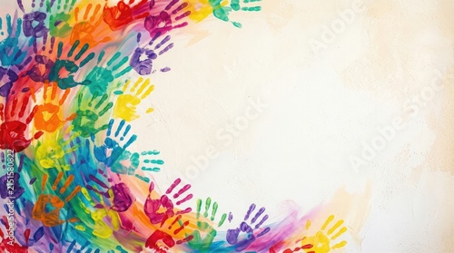 A vibrant image features a multitude of colorful handprints arranged in a radial pattern, creating a dynamic border.