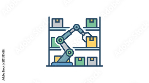 Warehouse storage shelves are organized with boxes being managed by a robotic arm in a logistics hub.