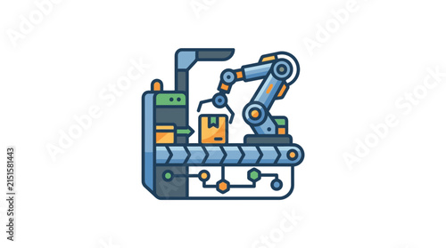 Automated conveyor belt system moves a package using a robotic arm in a modern manufacturing facility.
