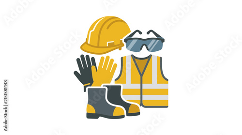 Safety equipment including a hard hat, goggles, gloves, vest, and boots sits ready for construction workers.