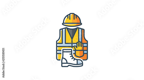 Safety equipment including a hard hat and reflective vest sits prepared for construction work.