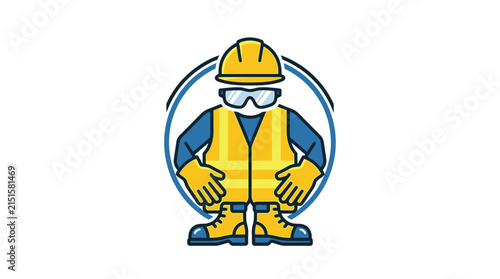 Construction worker wearing a hard hat and high visibility vest stands ready for duty.