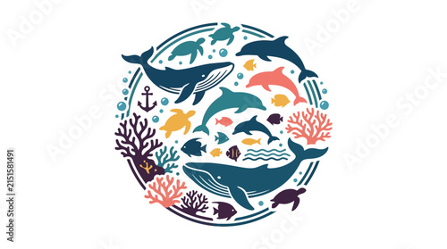 Whales and sea creatures form a circular composition representing marine life conservation efforts.