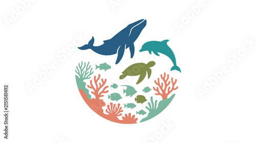 Whale and sea turtle swim together in a circular arrangement symbolizing ocean health.