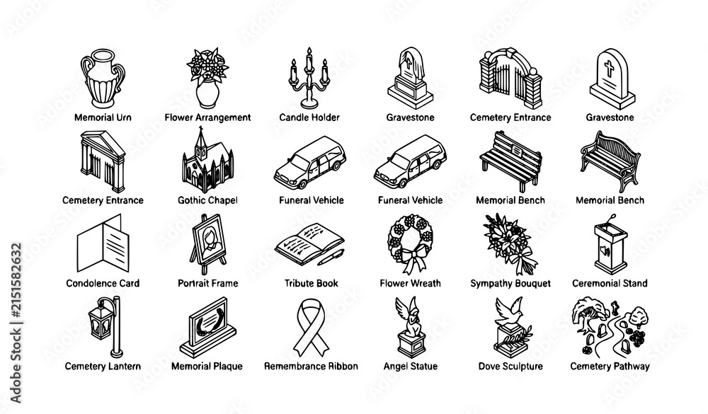 Fototapeta premium Isometric Funeral Memorial Service and Remembrance Line Icon Collection
