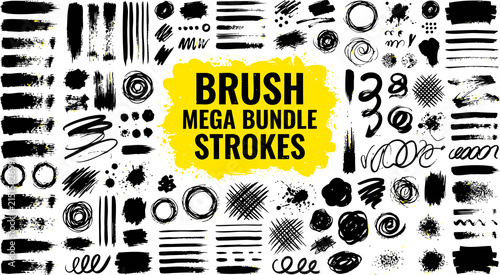 Black ink brush strokes mega bundle, hand drawn paint textures and grunge splatters, artistic charcoal marks and swirls for graphic design