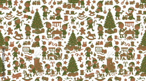 Christmas Elves Making Toys Seamless Pattern