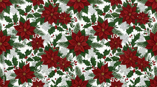Christmas Floral Pattern with Poinsettias and Holly