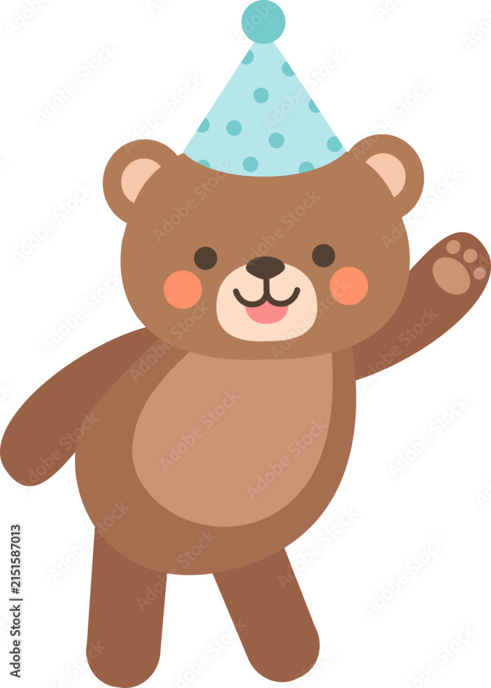 Fototapeta premium Cute Brown Bear Wearing Party Hat and Waving