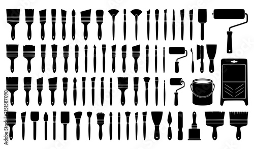 Obraz na plátne Paint Brush And Roller Icon Set With Different Sizes And Types, Black And White
